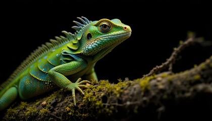 Vibrant Green Lizard on Mossy Branch in Dark Natural Environment