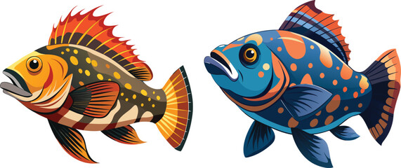 Cartoon vector illustration of various cute red and blue tropical fish swimming in the ocean