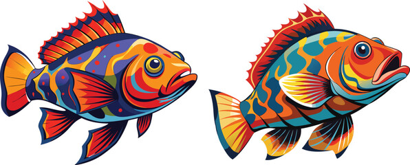Cartoon vector illustration of various cute red and blue tropical fish swimming in the ocean