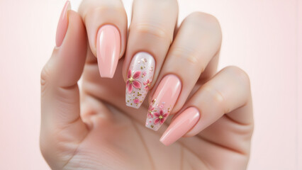 Elegant Pink Manicure with Floral Design, Nail Art Beauty, and Fashionable Style