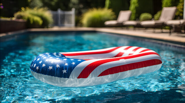 Independence day celebration. Patriotic pool float American flag summer outdoor holiday celebration festive, family gathering holiday, 4th july