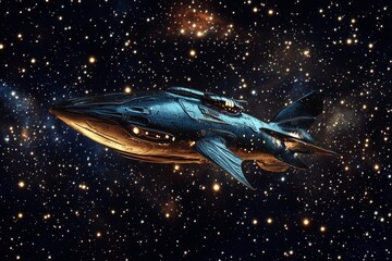 Futuristic spaceship shaped like a fish gliding through a star-filled cosmos