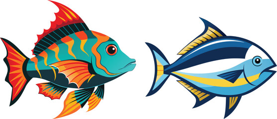 Cartoon vector illustration of various cute red and blue tropical fish swimming in the ocean