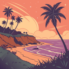 Tropical cliff coast at sunset with palm trees and glowing sky vector illustration