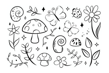 Nature's Whimsical Collection: A hand-drawn illustration features an array of enchanting flora and fauna elements, perfect for adding a touch of whimsical elegance to any project.