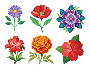 Colorful floral vector illustrations of blooming spring and summer flowers with leaves and decorative botanical design elements