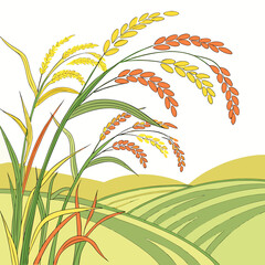 Vector illustration of ripe rice plants in paddy field with hills background