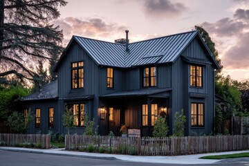 Modern farmhouse exterior dusk light. Trees & fence background. Home design ad
