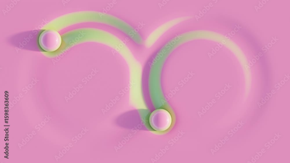 Poster top-down abstract 3d animation of pink spheres rolling along two connected circular paths on a soft 