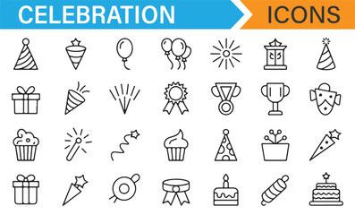 Icon collection for celebrations featuring fireworks, gifts, and party hats