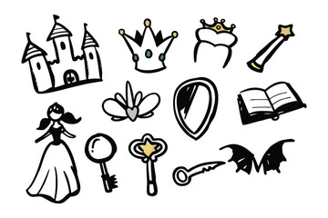 Magical Collection: A charming illustrated collection of princess-themed elements, from a majestic castle to a sparkling magic wand, symbolizing dreams.