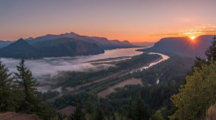 Misty Sunrise Over Columbia River Gorge