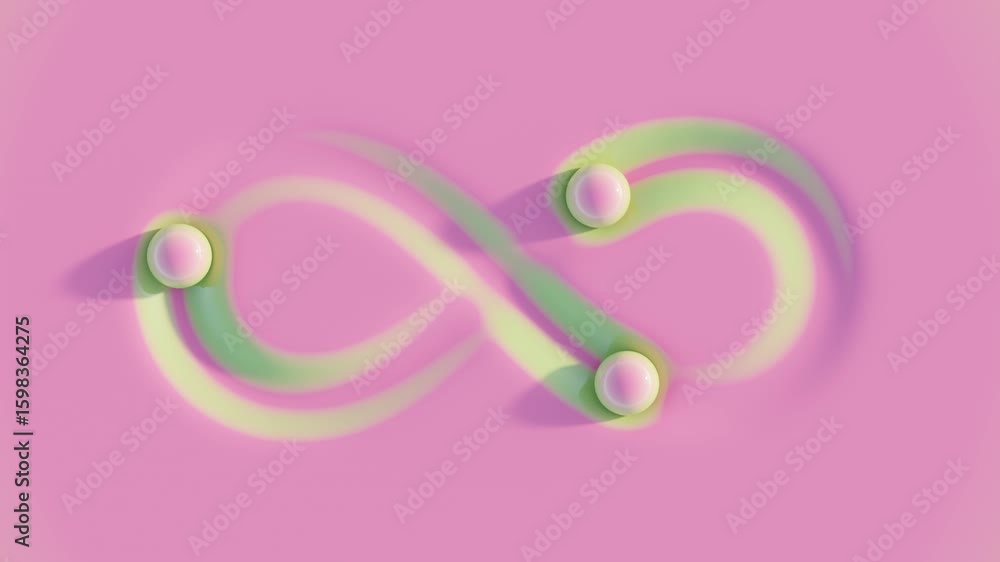 Poster pink spheres follow an infinity-shaped path over a tactile soft surface, leaving ephemeral green tra