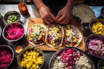 Preparing tacos at a counter. Ingredients surround. Food blog, cooking class