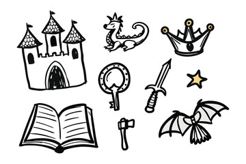 Enchanting Realm of Fantasies: Whimsical sketches of iconic fantasy elements like castles, dragons, crowns, keys, swords, stars, books, axes, and bats, perfect for storybook illustrations.