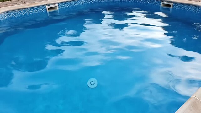 Rippling surface of a filled pool with tiled sides, capturing light and cloud reflections