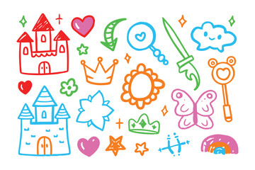 Enchanting Doodle Kingdom: Whimsical doodles depicting a colorful castle, charming crown, and magical elements, embodying the sweet world of fantasy. 