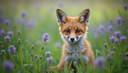 Obraz premium Young Fox Standing in Blooming Meadow Surrounded by Wildflowers