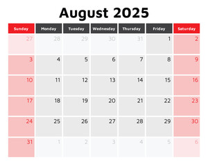2025 august calendar. A vector English monthly calendars. Design Sunday start