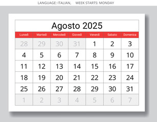 Italian calendar for august 2025 - calendario agosto. Vector illustration design Italy