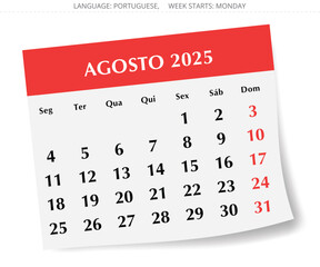 August PORTUGUESE monthly calendar for 2025 year. Vector illustration with paper design for Portugal