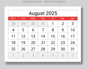 2025 august calendar. A vector collection of English monthly page calendars. Design Monday start