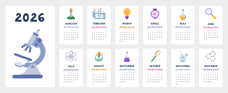 Lovely science calendar template for 2026 year with chemistry and laboratory cartoon clipart. Calendar grid with weeks starts on Monday for kids nursery. Vertical monthly calender layout for planning.