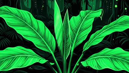 Vibrant green plant leaves in a dark, stylized forest scene with abstract shapes - Powered by Adobe