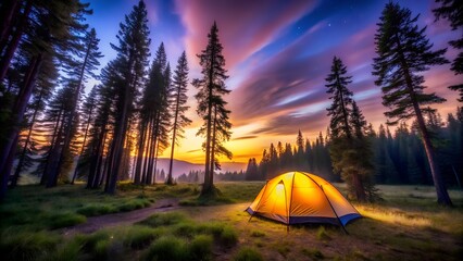 Photo of a glowing orange camping tent is set up in a serene forest at dusk, with a colorful sky and stars appearing above the trees