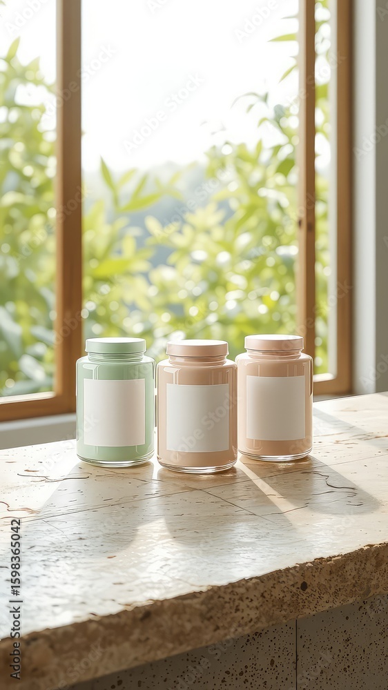 Poster three jars with blank labels sit on a rough stone counter in front of a bright window