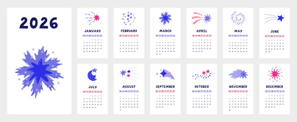Lovely astronomy calendar template for 2026 year with cartoon clipart of star dust, falling star. Calendar grid with weeks starts on Monday for kids nursery. Vertical monthly calender layout for plan.