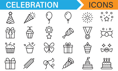 Set of icons representing celebration, awards, and party decorations