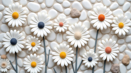 Daisy Flowers with White Stones Background. Floral Nature Composition.