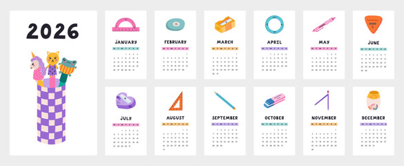 Lovely university calendar template for 2026 year with cartoon clipart of childish school stationery. Calendar grid with weeks starts on Monday for kids nursery. Vertical monthly calender layout.
