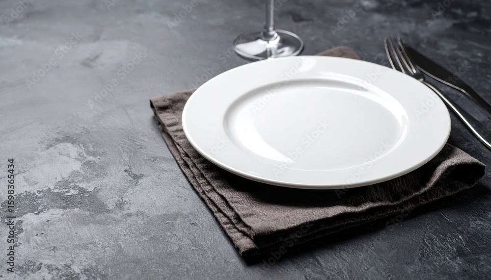 Poster minimalist dining setup with empty plate and napkin on table