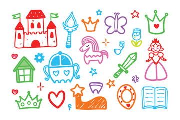 Cartoon princess-themed illustration: Whimsical illustration featuring castle, crown, princess and other objects for the enjoyment of children © Abdul