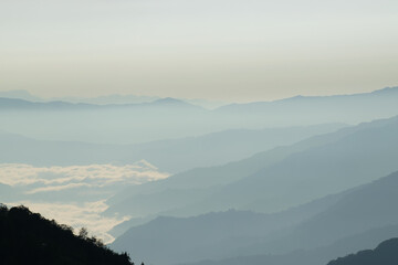 Scenic beauty of layers of mountains, Okhrey, sikkim, India. Okhrey village of one of the remotest places in Sikkim where peaceful, tranquil Himalayan mountain range is enjoyed by tourists from India.