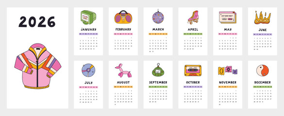 Lovely nostalgic calendar template for 2026 year with groovy Y2k symbols of 90s, 00s. Calendar grid with weeks starts on Monday for nursery, company office. Vertical monthly calender layout for plan.