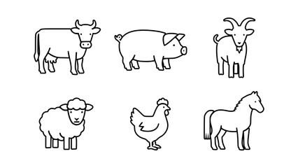 Outlined farm animals: cow, pig, goat, sheep, chicken and horse in a graphic style