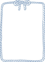 Blue whimsical line art rope frame with bow. Rectangular decorative rope sea summer border in wavy, whimsy, Mediterranean, coastal style. Coquette summer design in trendy fishermancore