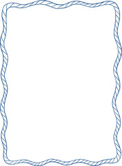 Blue whimsical line art wavy rope frame. Rectangular decorative rope sea summer border in wavy, whimsy, Mediterranean, coastal style. Coquette summer design in trendy fishermancore