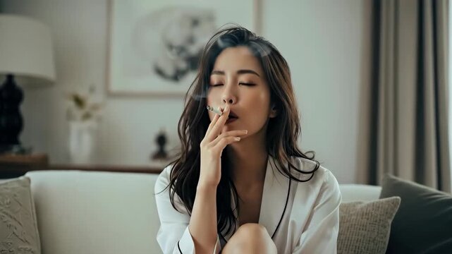 自宅のソファでタバコを吸う若い女性