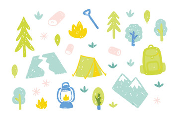 Camping Icons Illustration: A vibrant illustration features an assortment of camping icons, including tent, trees, campfire, backpack and more. Perfect for outdoor adventure. 