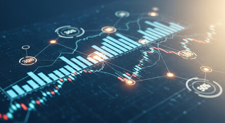Digital Stock Market Chart and Bar Graphs with Interconnected Nodes