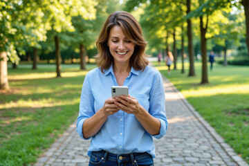 A smiling woman in casual attire gazes at her smartphone while strolling along a tree-lined path in a park.