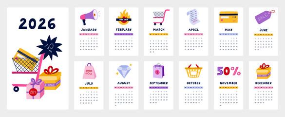 Lovely calendar template for 2026 year with sale, marketing cartoon clipart. Calendar grid with weeks starts on Monday for corporate stationery, office. Vertical shopping monthly calender layout.