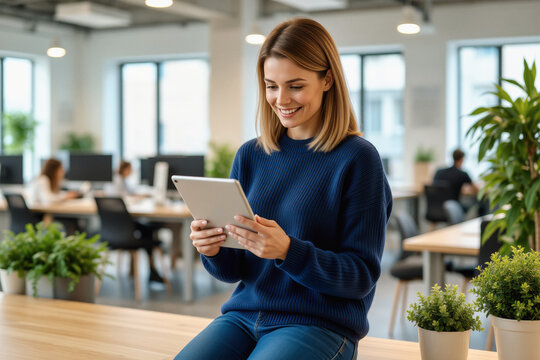 A young woman with long brown hair smiles while looking at a tablet in a modern, open-plan office setting.