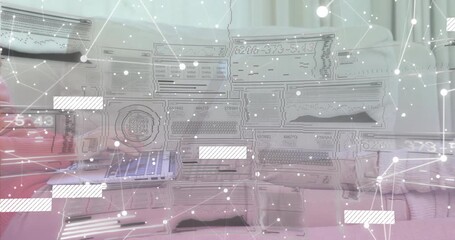 woman settling into couch activating network overlay over laptop while typing and analyzing data - Powered by Adobe