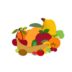 Vector illustration of  fresh fruits and vegetables including apple, mango, broccoli, tomato, kiwi, banana, and more. Perfect for healthy eating, food banners, or nutrition designs.
