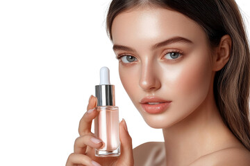 Woman holding serum bottle, glowing skin, beauty, skincare, skincare serum isolated on transparent png background